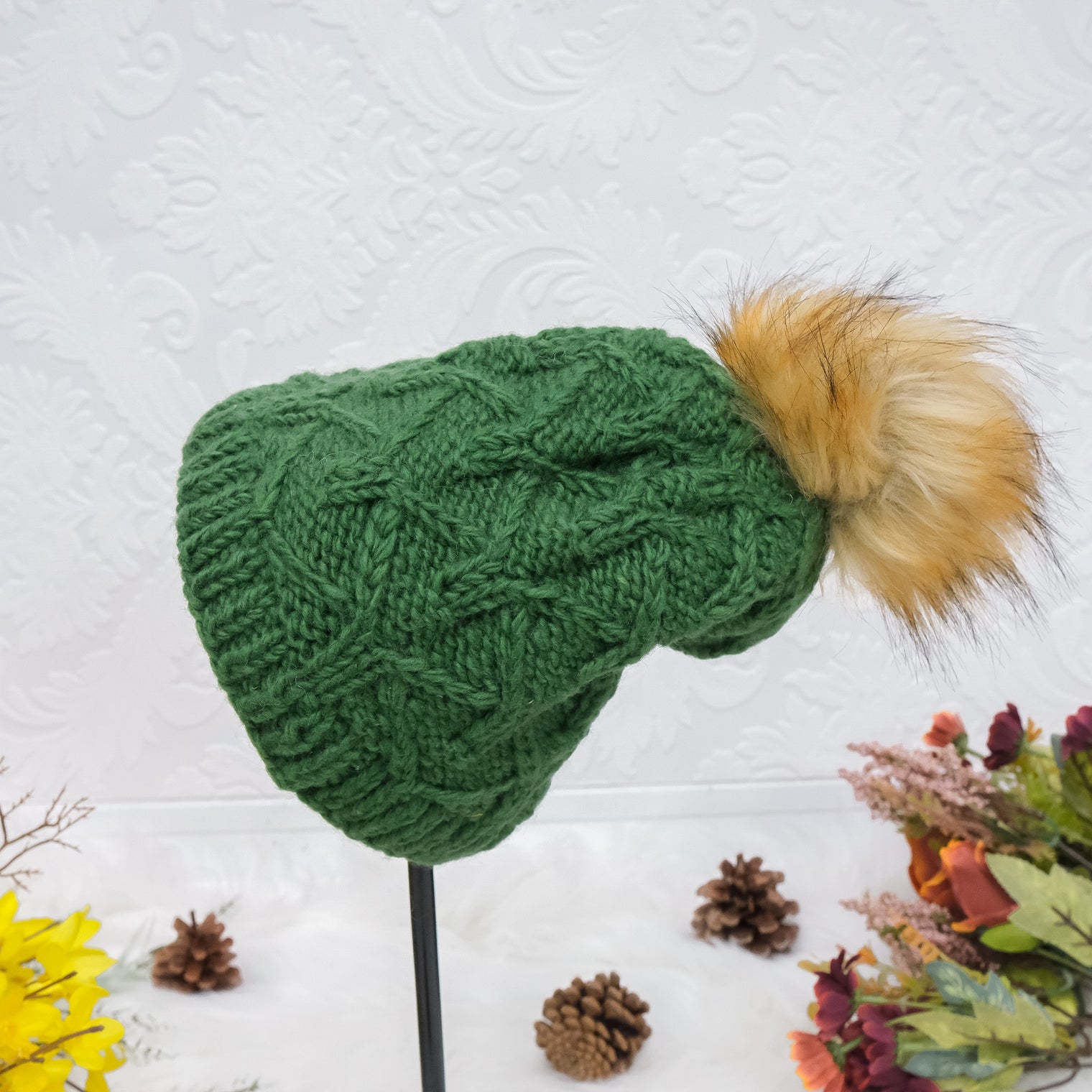 Hand Knit Fleece Lined Pom Pom Hat