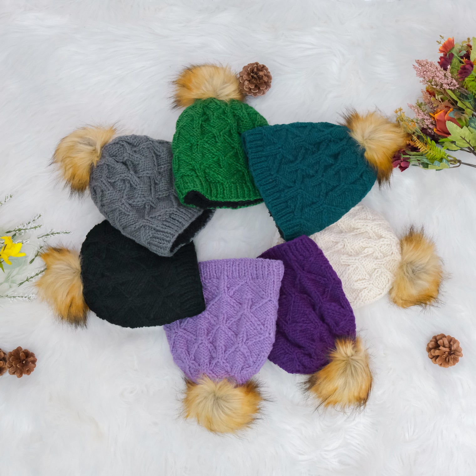 Hand Knit Fleece Lined Pom Pom Hat