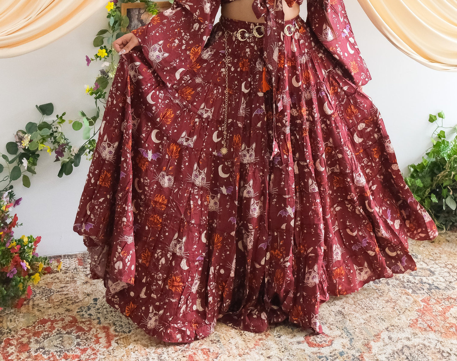Celestial Cat Moon Tiered Maxi Skirt