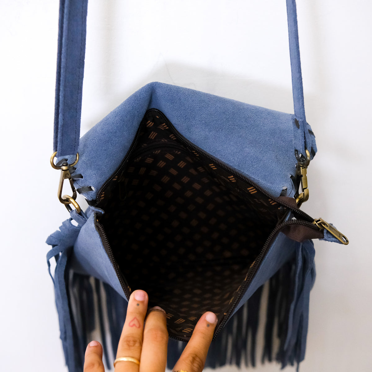 Blue Suede Western Fringe Crossbody Bag