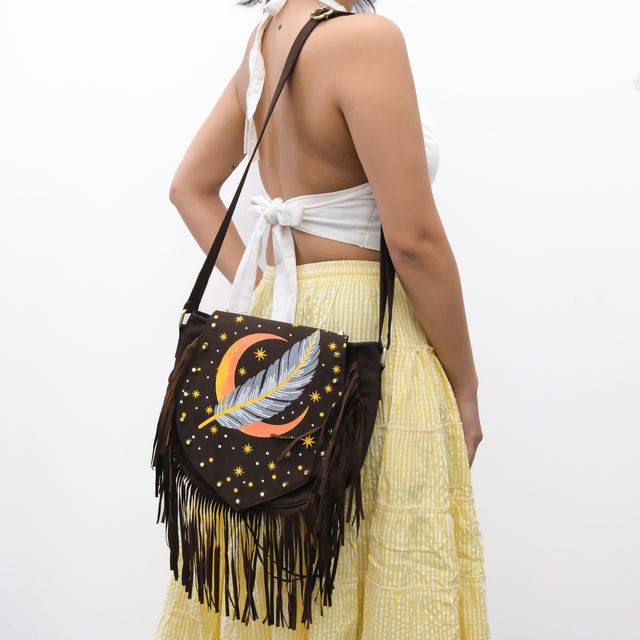 Cotton Moon & Feather Print Multi Pocket Festival Shoulder Bag with Fringe