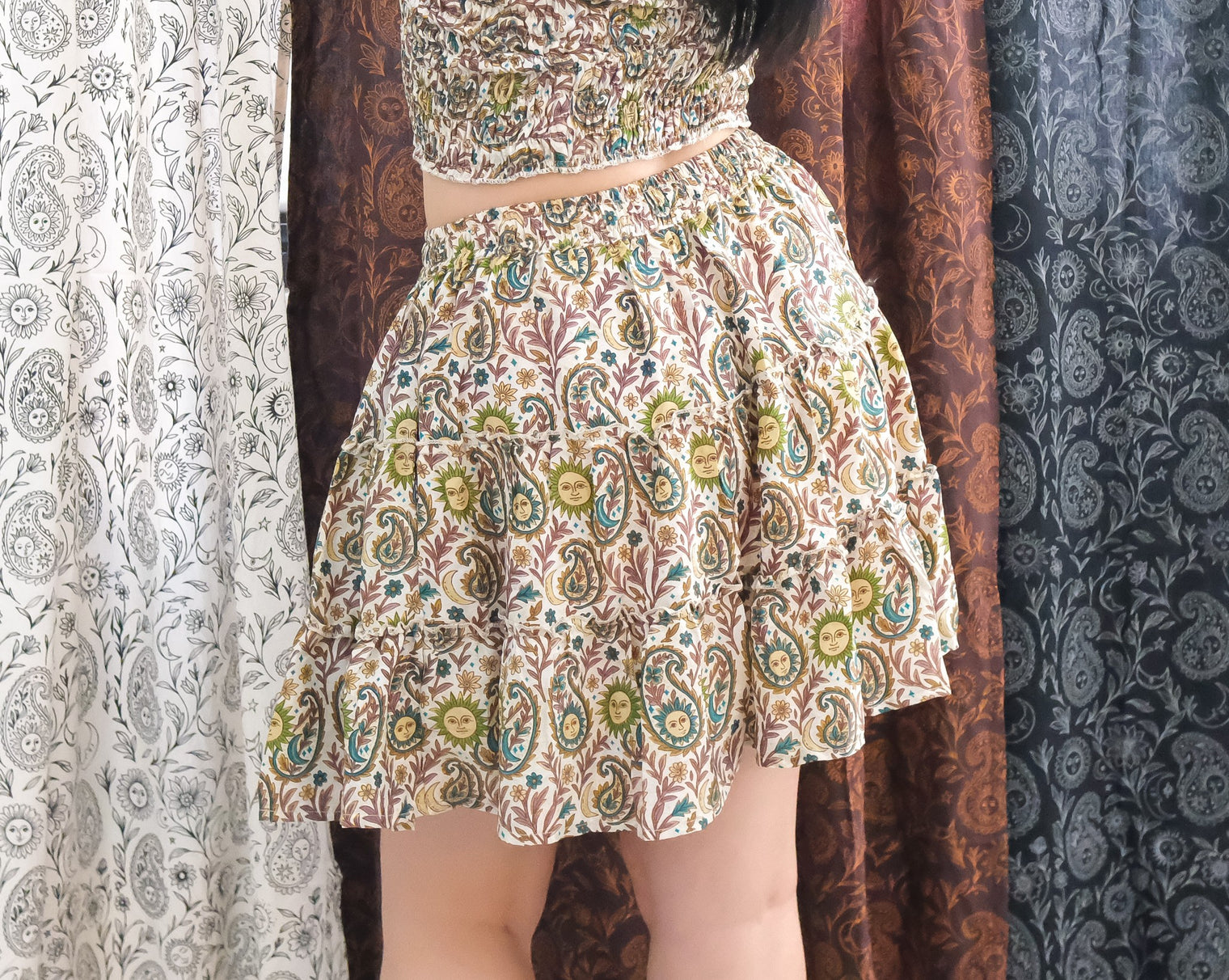 Boho Celestial Paisley Mini Skirt with Pockets