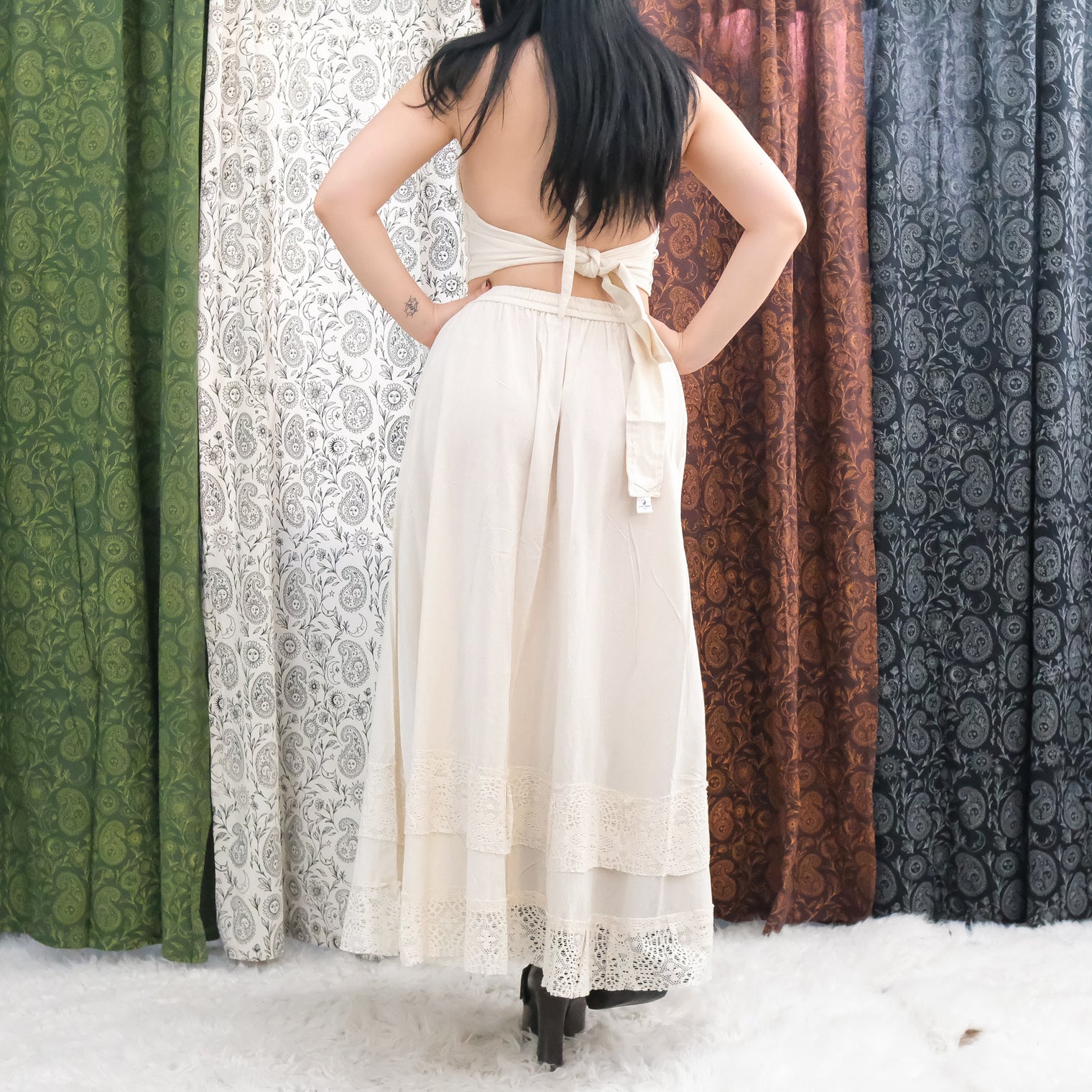 Boho Lace Maxi Skirt Set with Reversible Halter Bralette