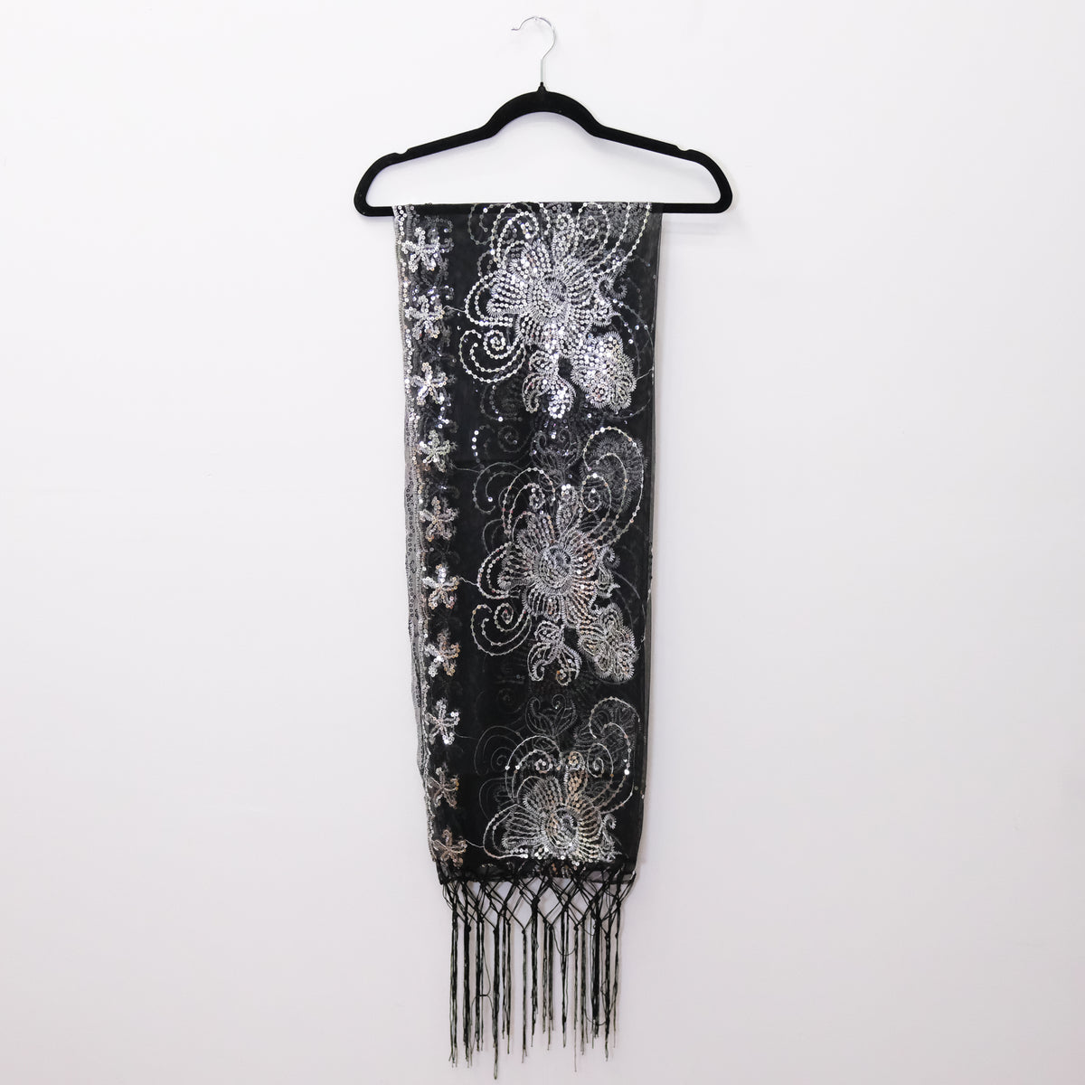 Floral Lace Sequin Shawl with Fringe