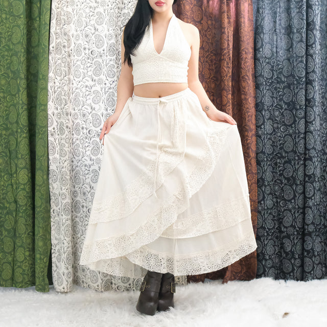 Boho Lace Maxi Skirt Set with Reversible Halter Bralette