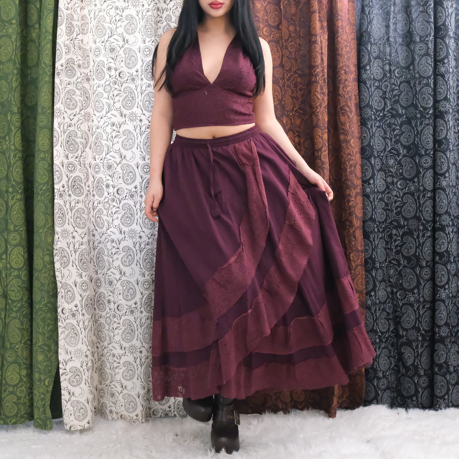 Boho Lace Maxi Skirt Set with Reversible Halter Bralette