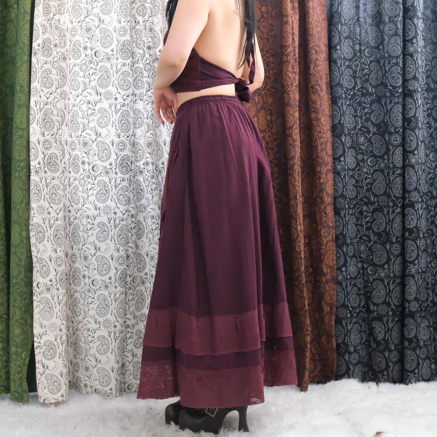 Boho Lace Maxi Skirt Set with Reversible Halter Bralette