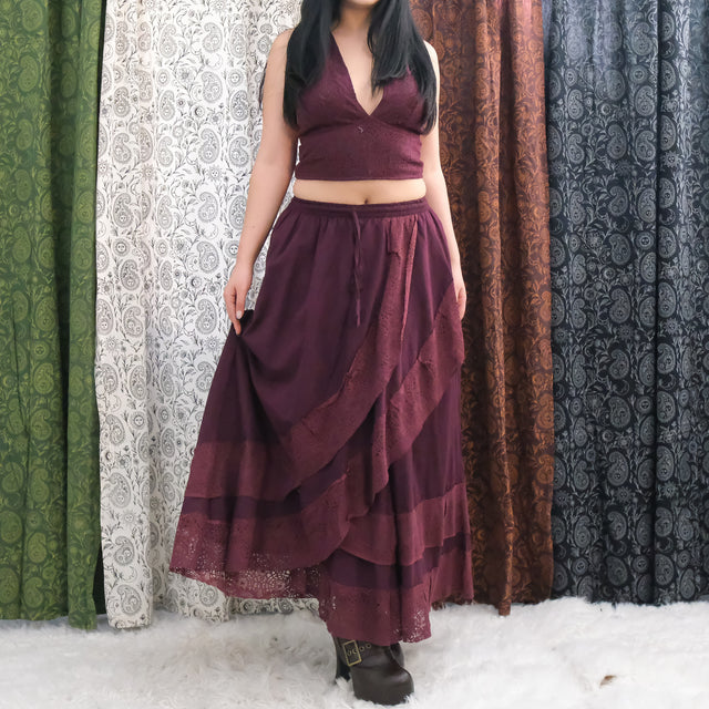 Boho Lace Maxi Skirt Set with Reversible Halter Bralette