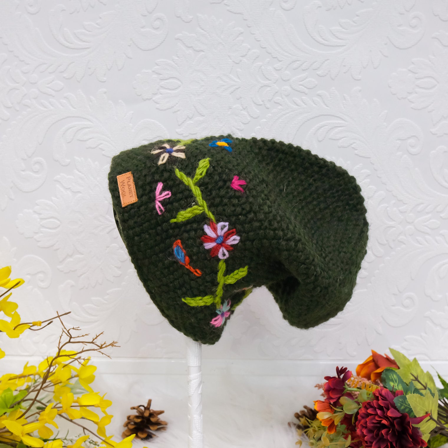 Hand Knit Embroidery Slouchy Hat
