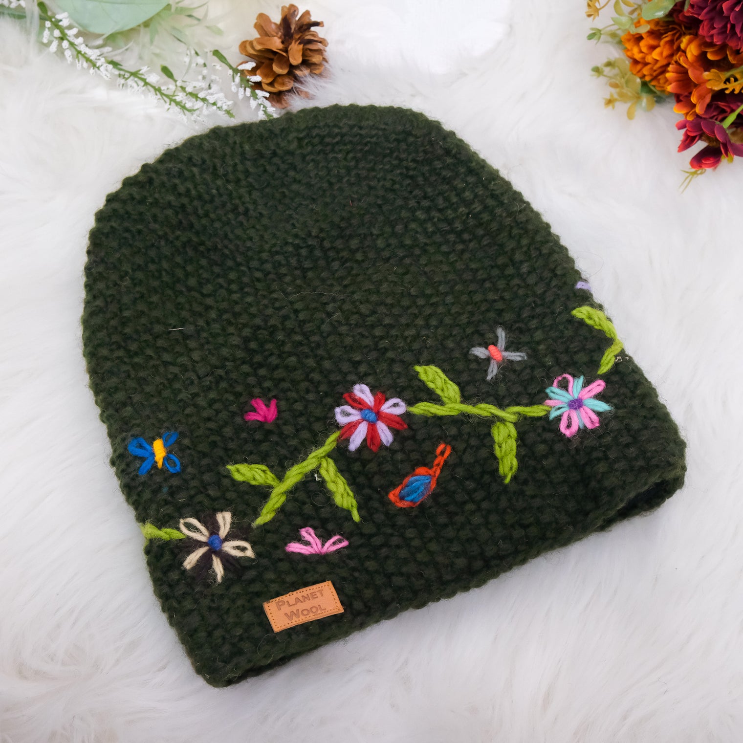 Hand Knit Embroidery Slouchy Hat