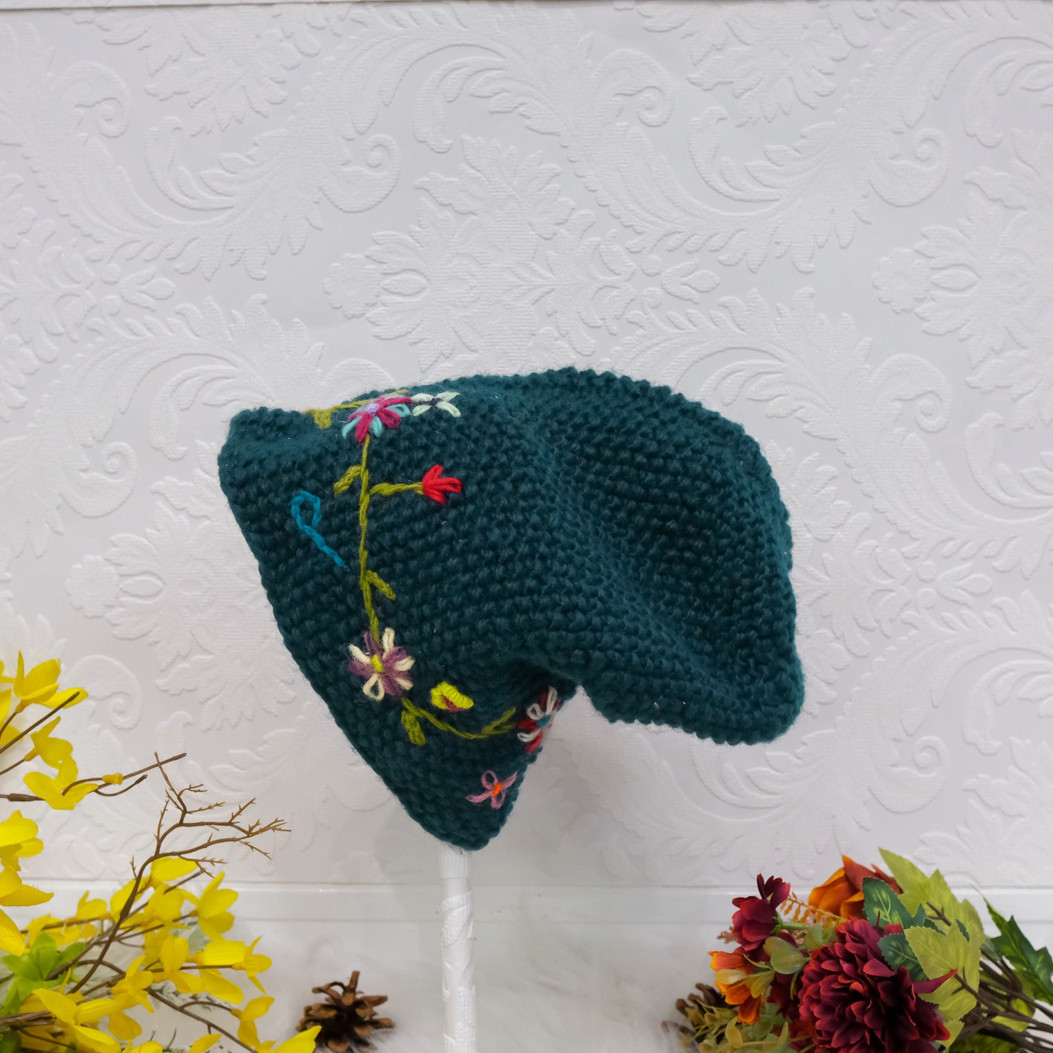 Hand Knit Embroidery Slouchy Hat