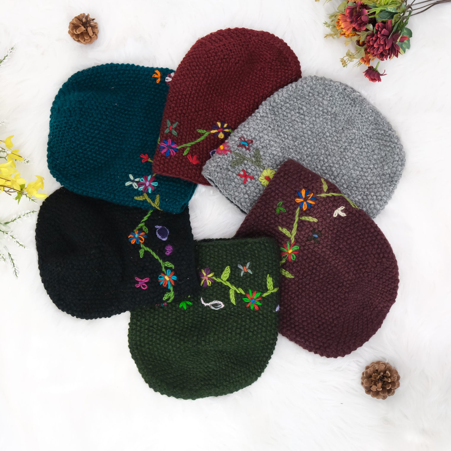 Hand Knit Embroidery Slouchy Hat