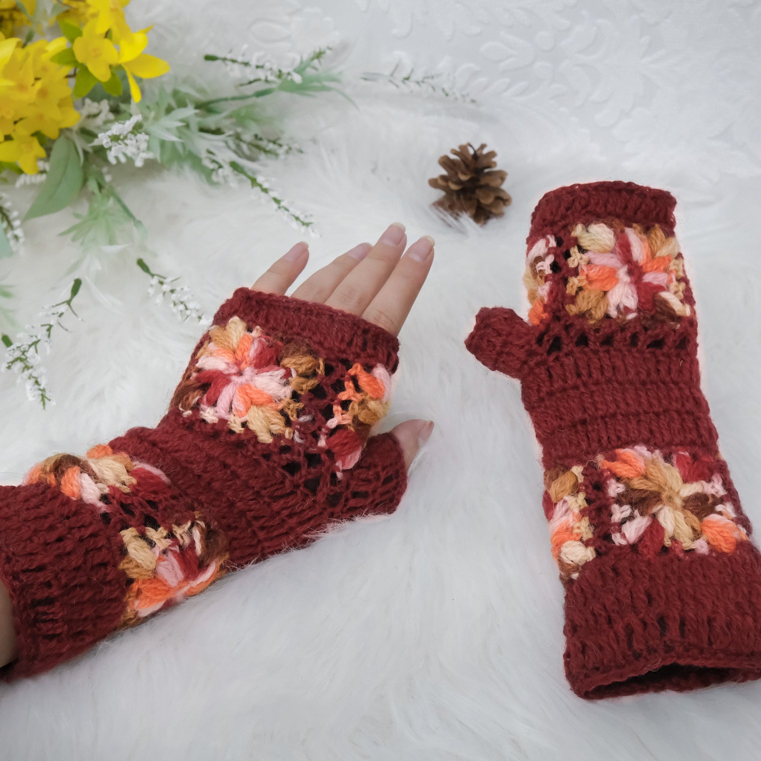 Hand Knitted Crochet Flower Design Hand Warmer