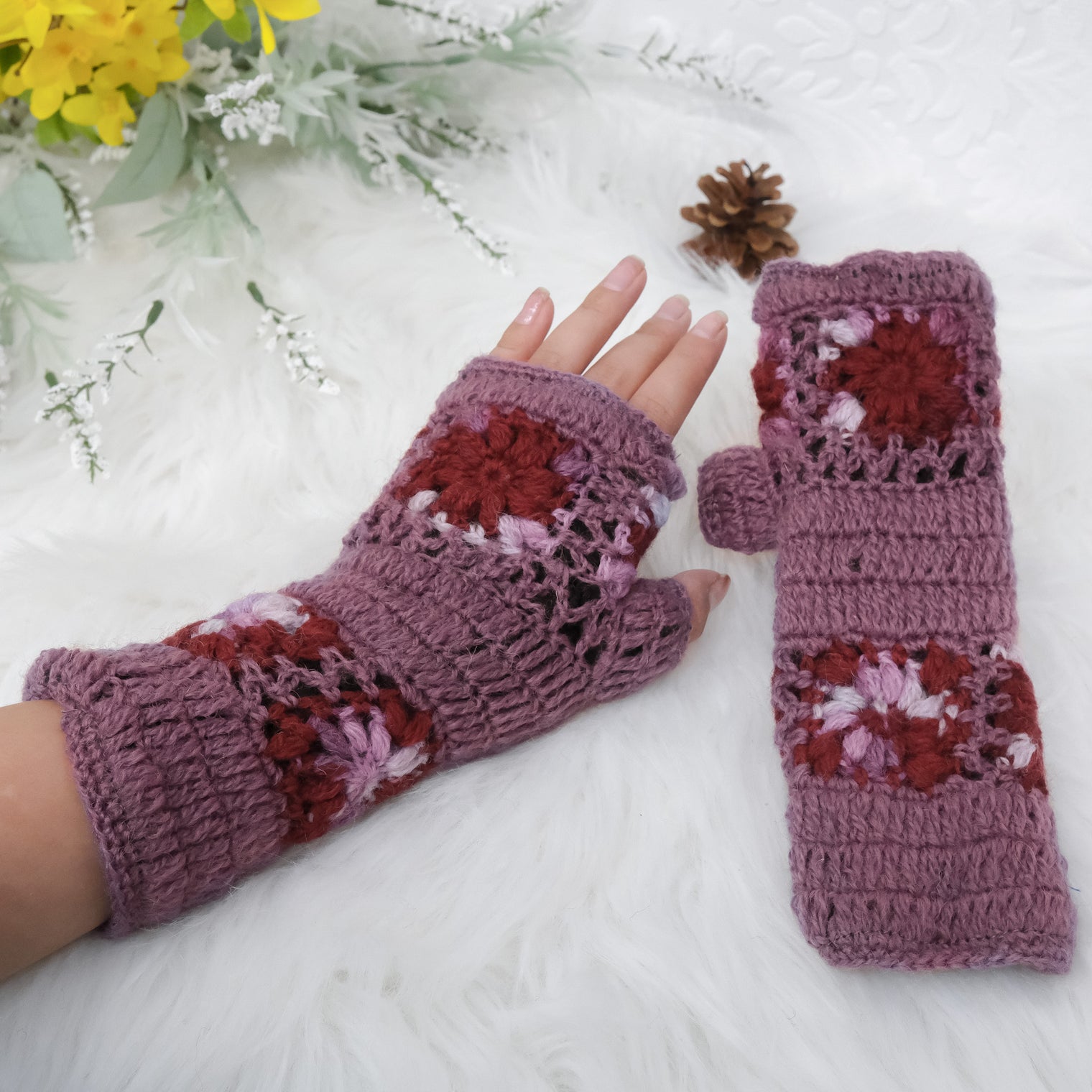 Hand Knitted Crochet Flower Design Hand Warmer