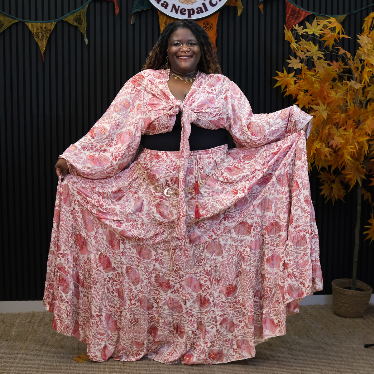 Bohemian Vintage Style Long Ruffle Skirt and Tie Top Set