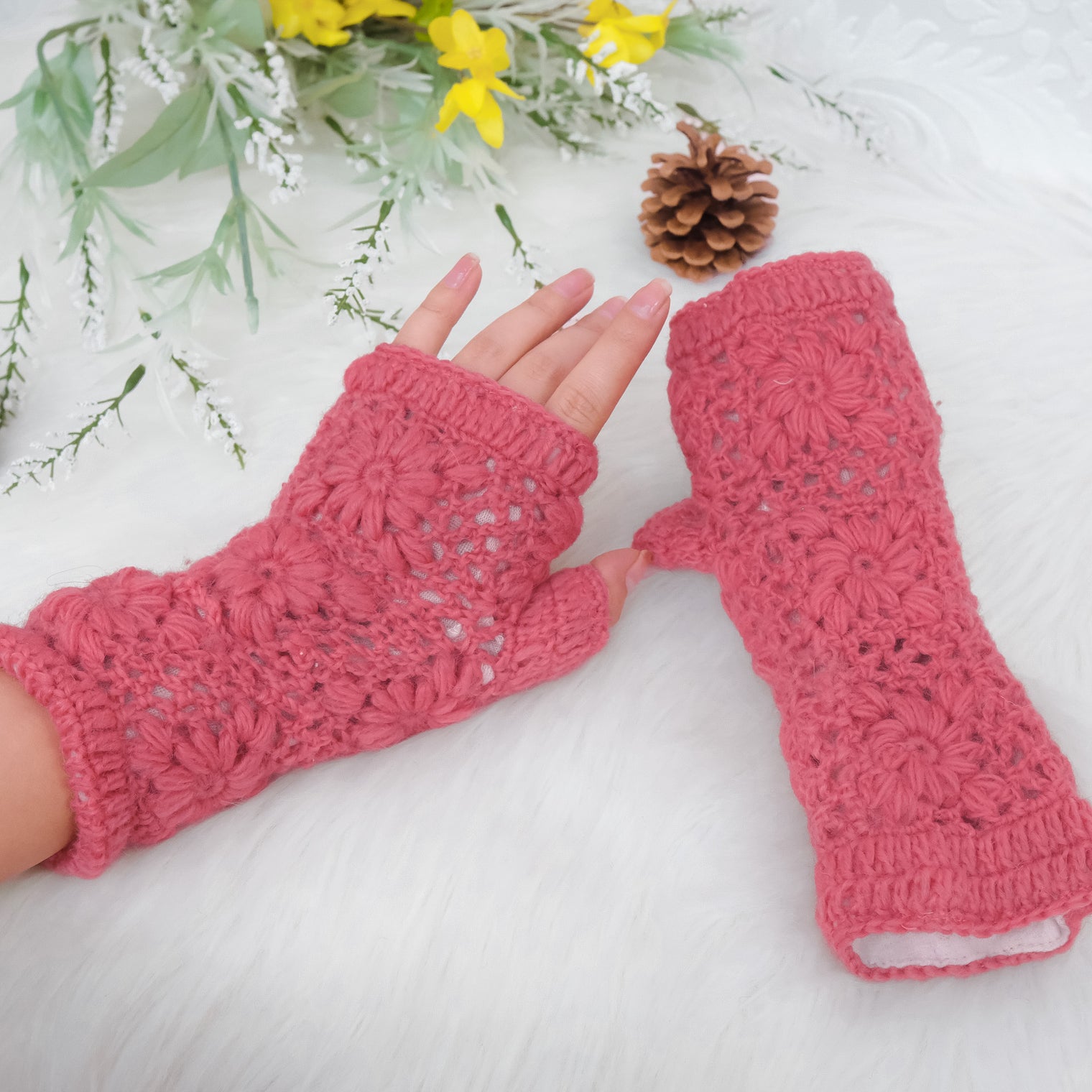 Crochet Solid Color Fleece Lined Gloves