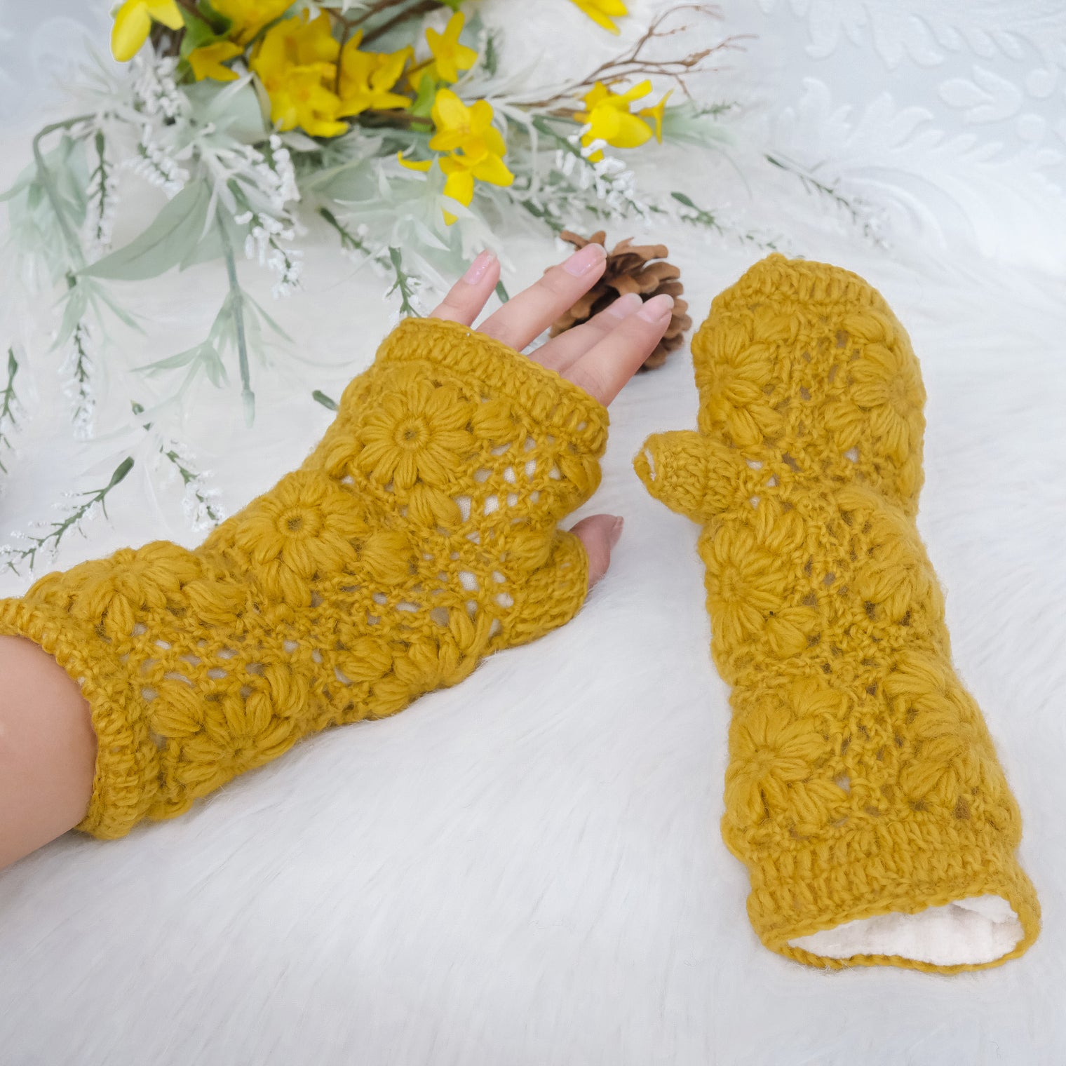 Crochet Solid Color Fleece Lined Gloves