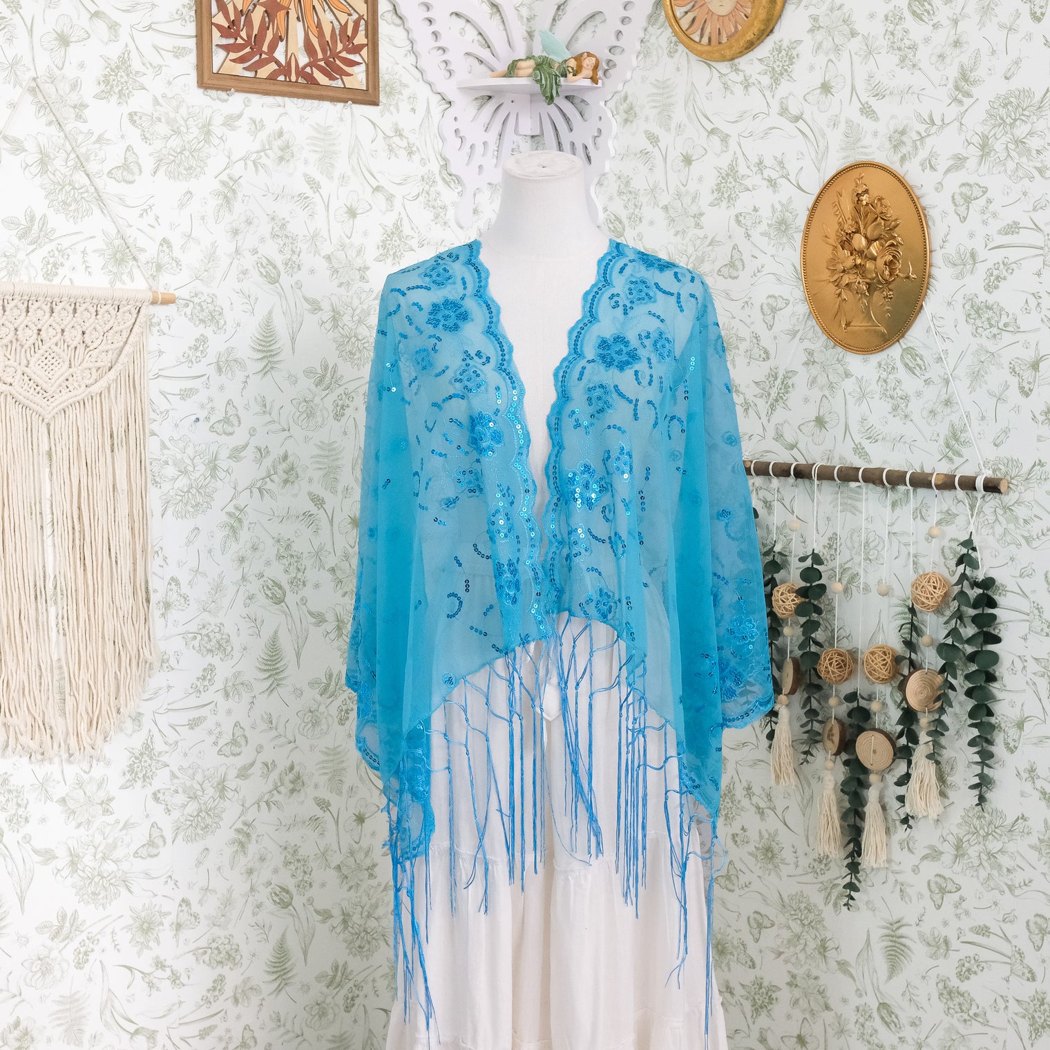 Sequin Embroidered Lace Fringe Shawl