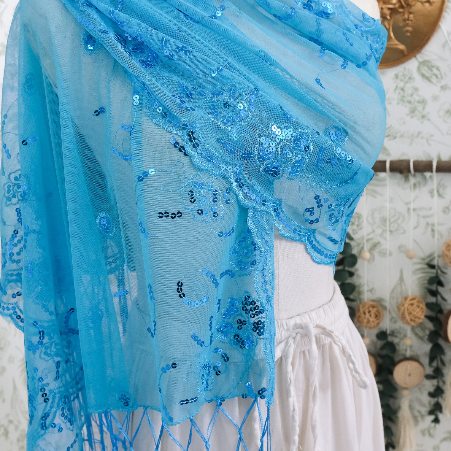 Sequin Embroidered Lace Fringe Shawl