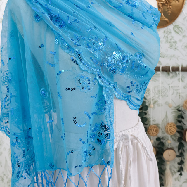 Sequin Embroidered Lace Fringe Shawl