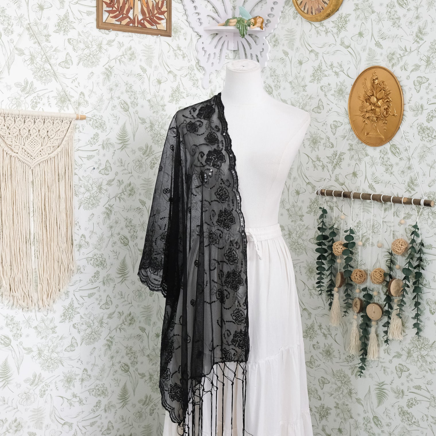 Sequin Embroidered Lace Fringe Shawl