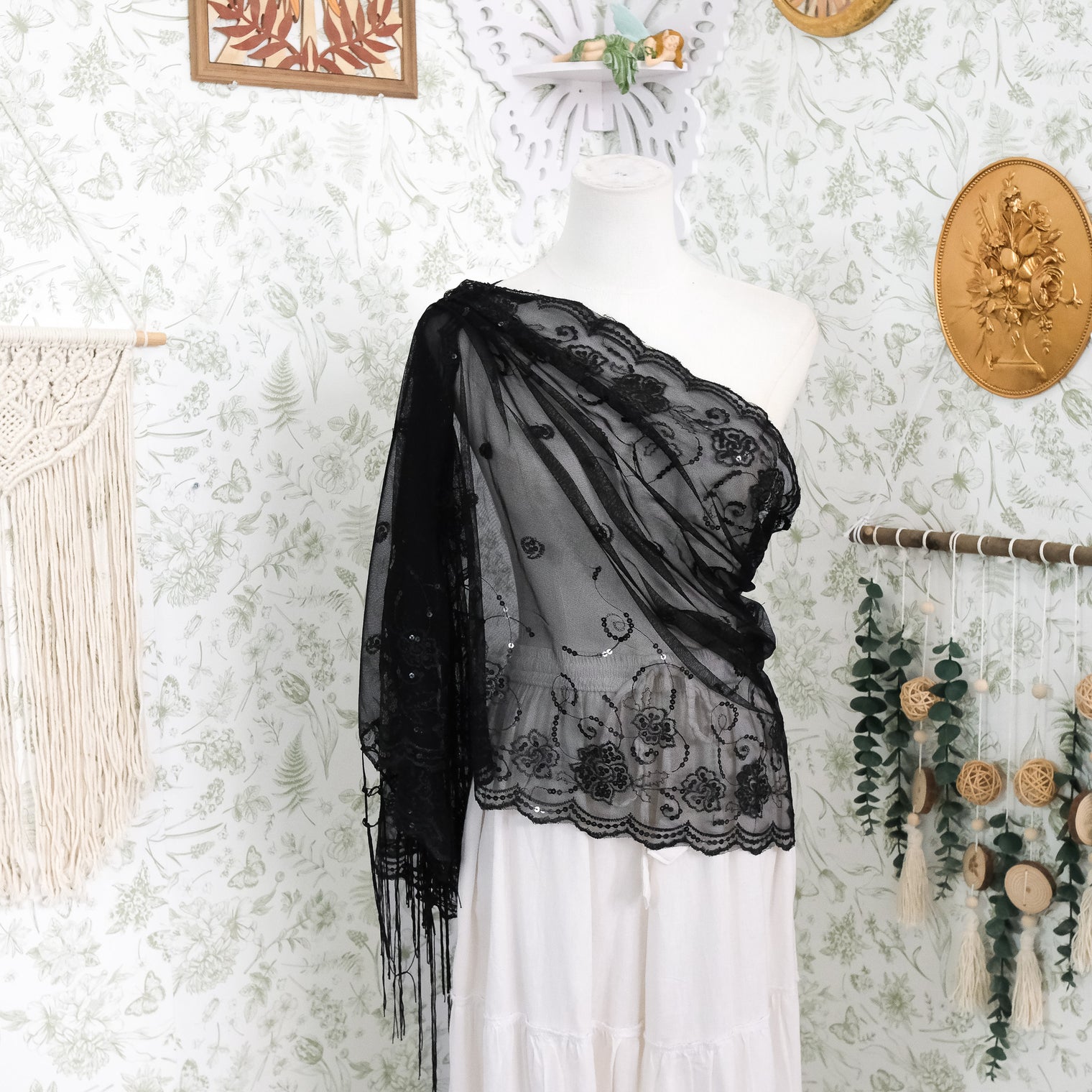 Sequin Embroidered Lace Fringe Shawl