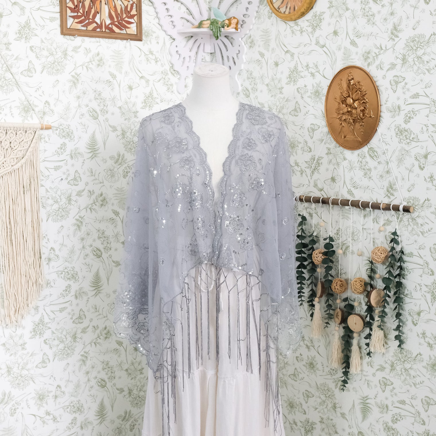 Sequin Embroidered Lace Fringe Shawl