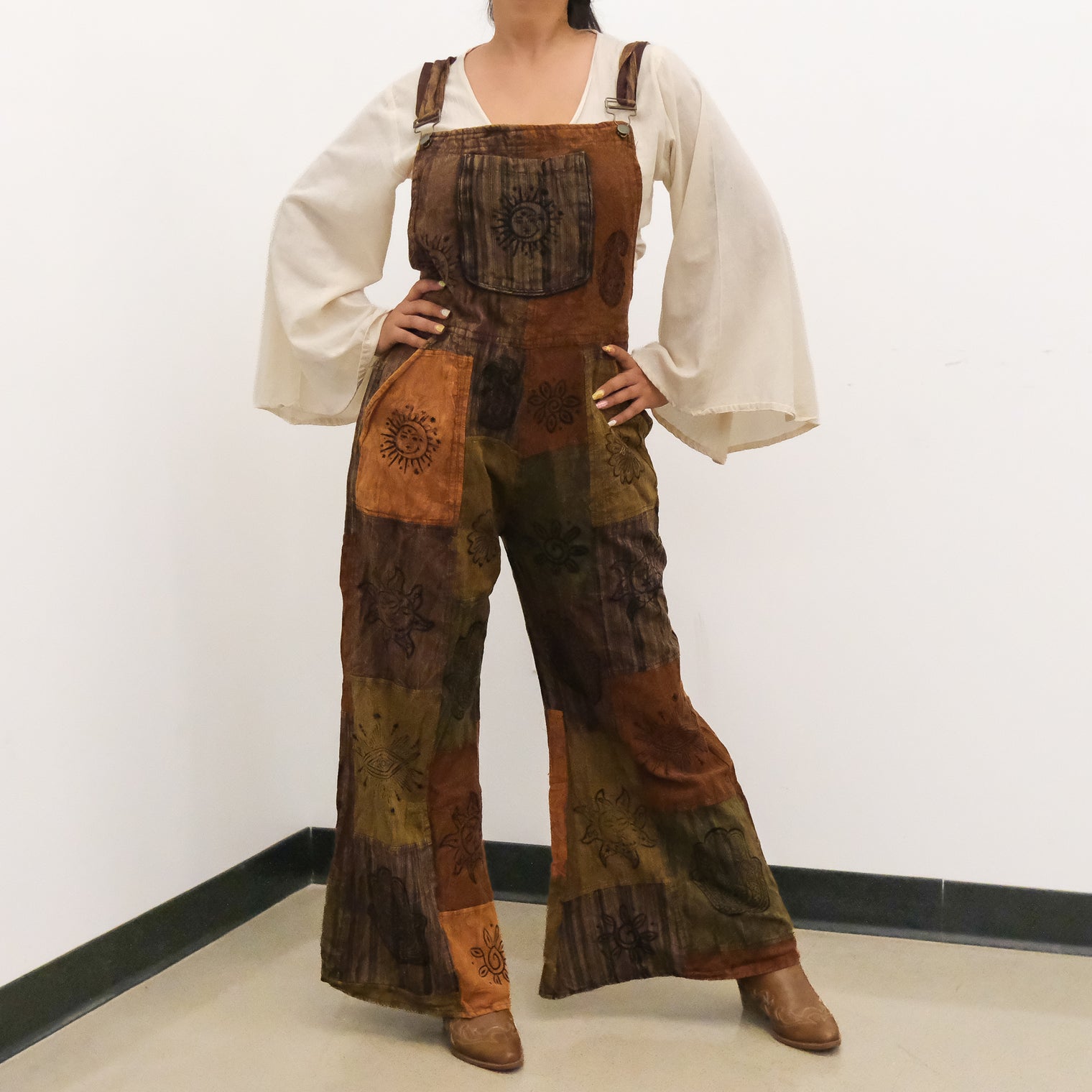 Patchwork Wide Leg Jumpsuit with Pockets