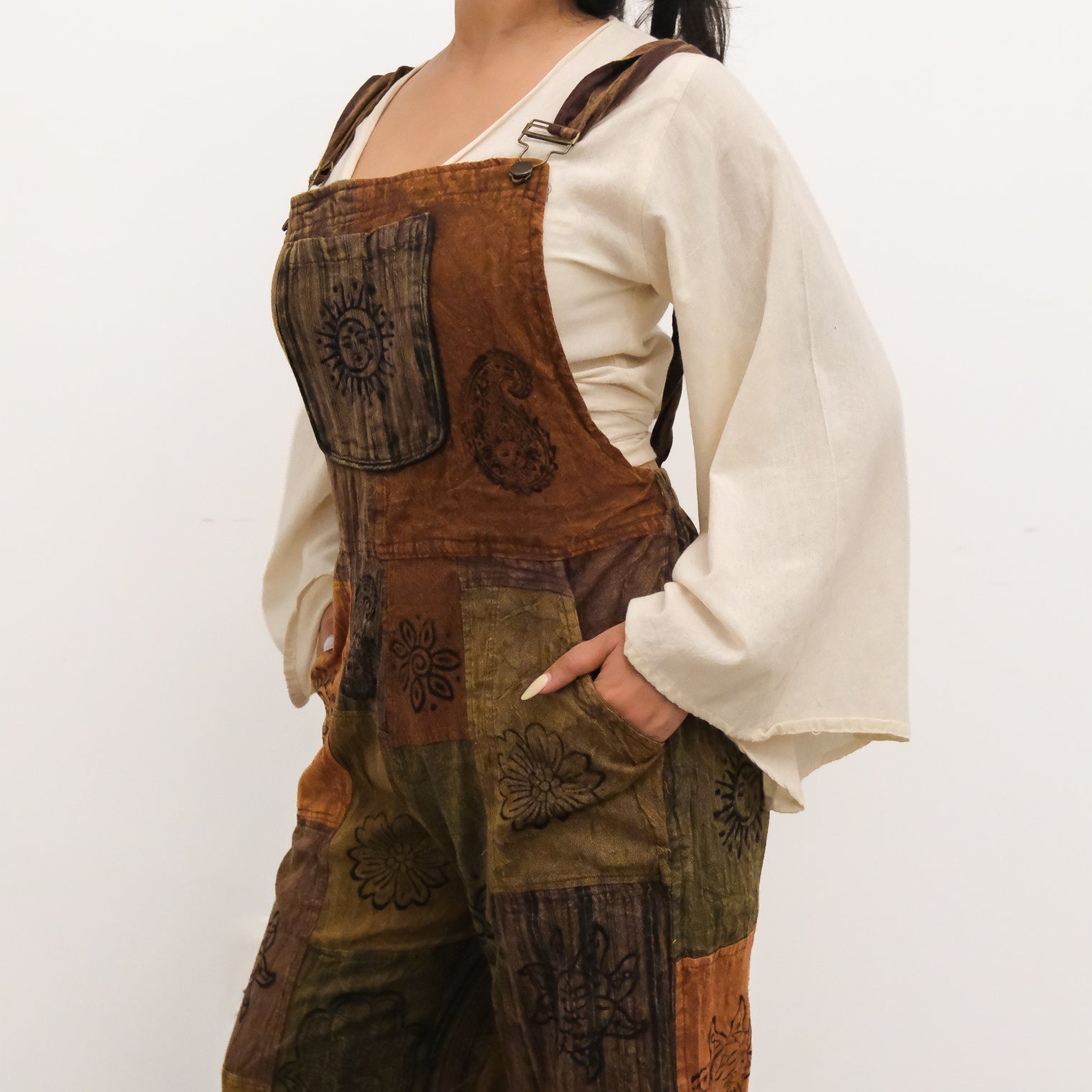 Patchwork Wide Leg Jumpsuit with Pockets