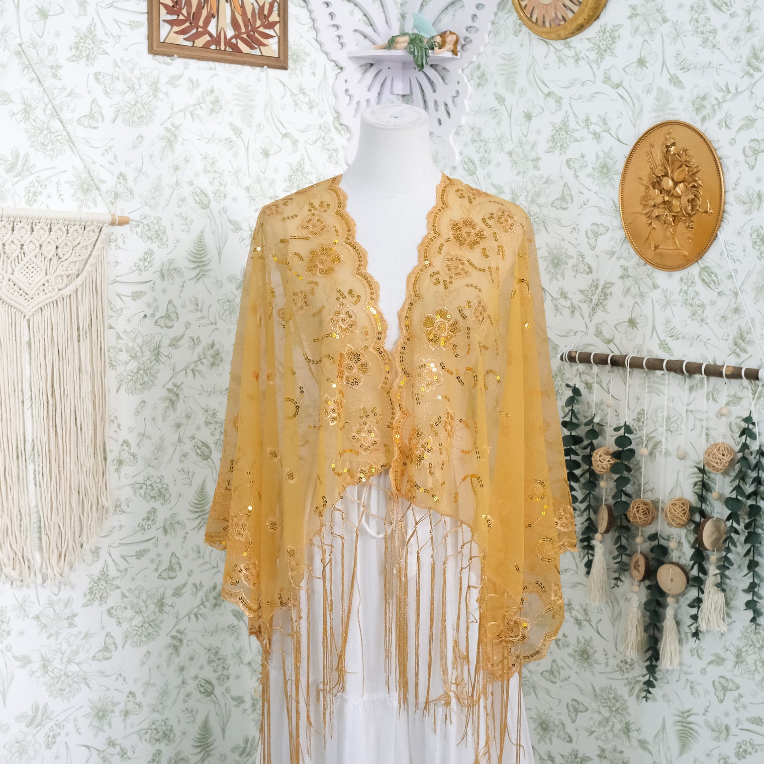 Sequin Embroidered Lace Fringe Shawl