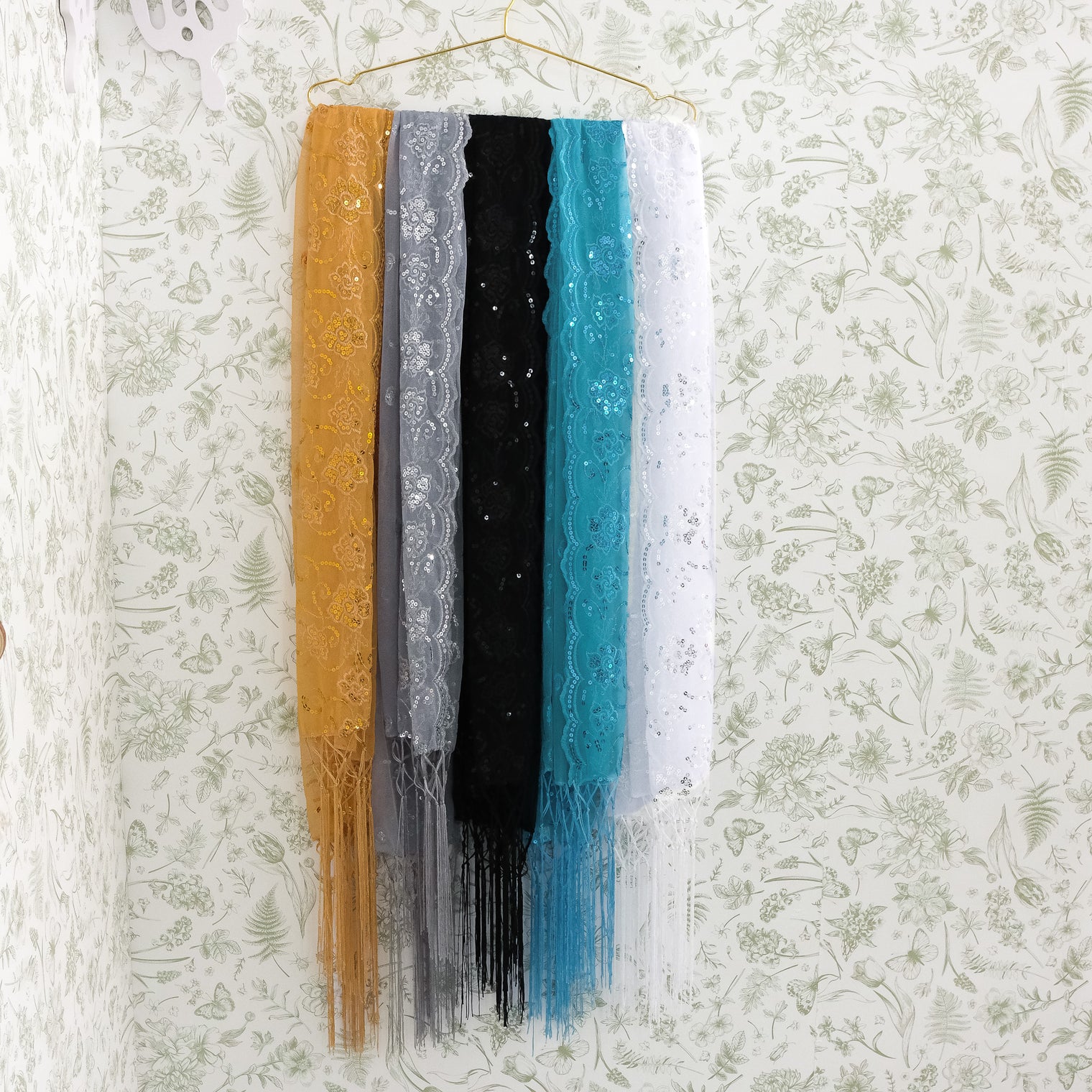 Sequin Embroidered Lace Fringe Shawl