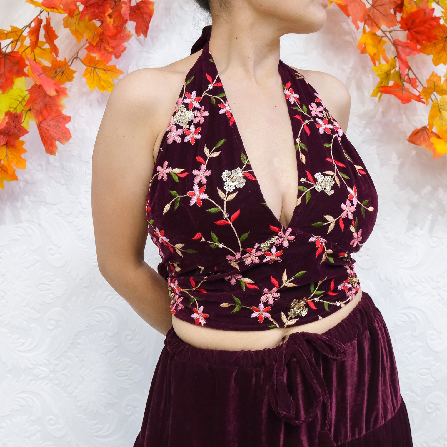 Hand Embroidery Velvet Halter Top