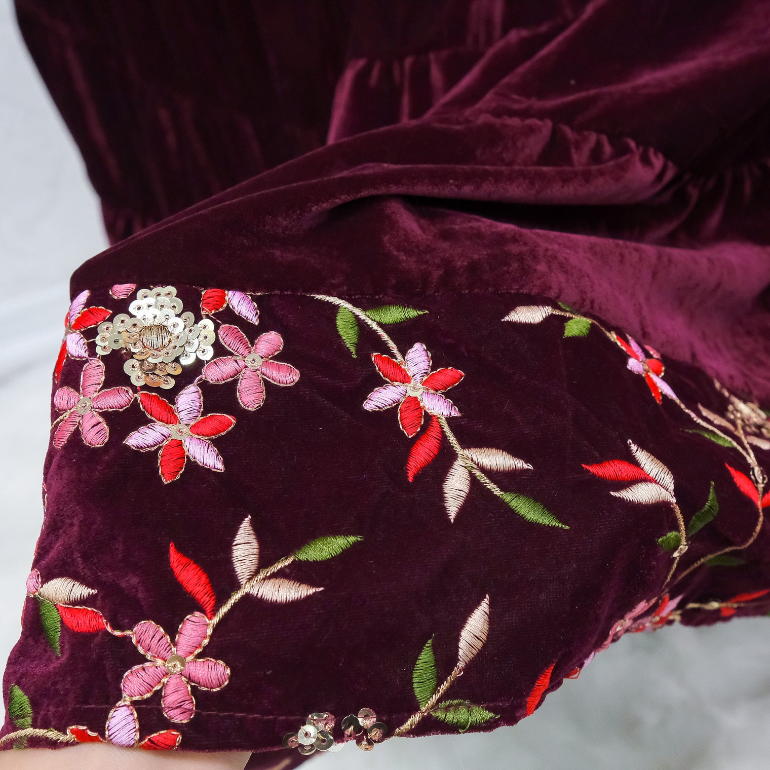 Boho Bloom Velvet Skirt Set with Hand Embroidery