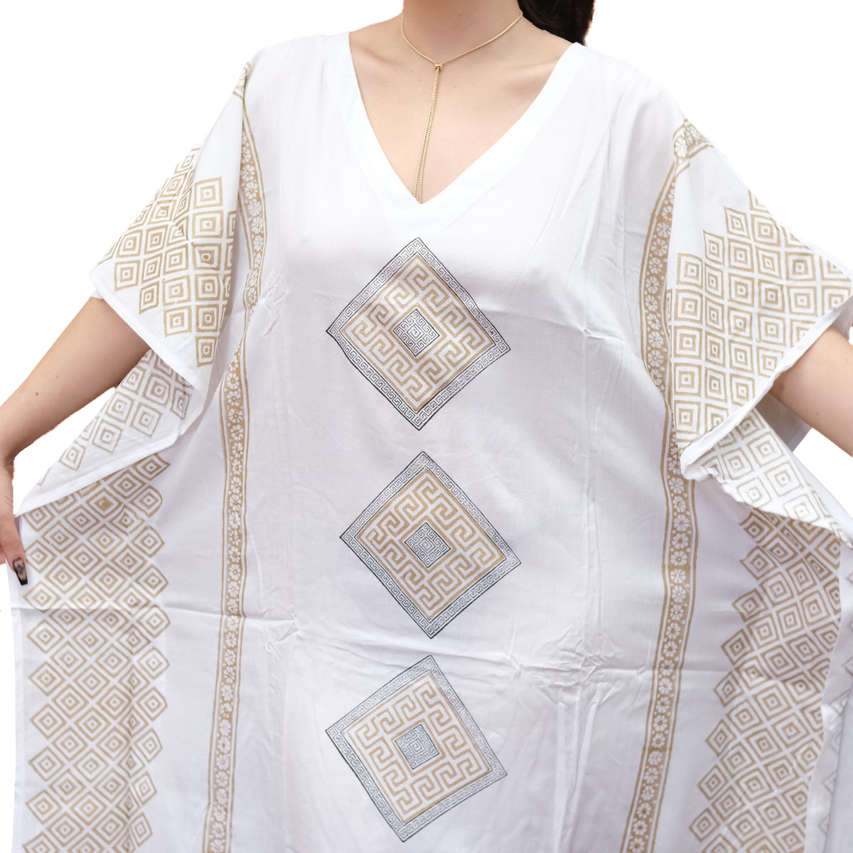 Shimmering Gold Block Print Boho Kaftan Dress