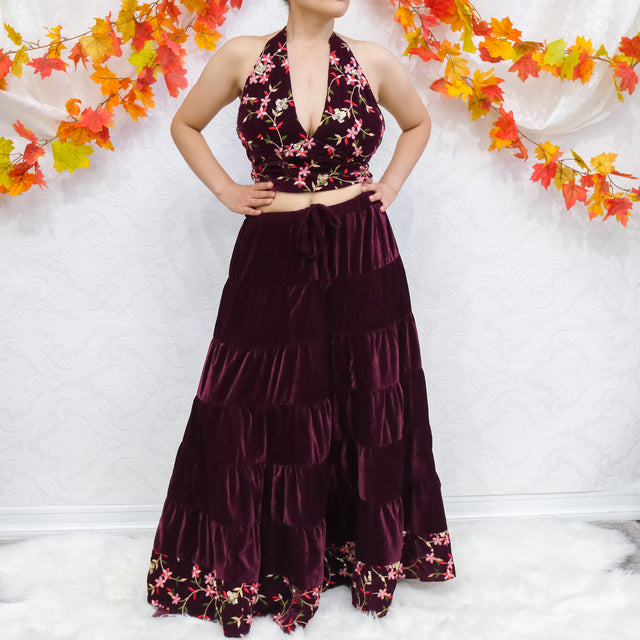 Boho Bloom Velvet Skirt Set with Hand Embroidery