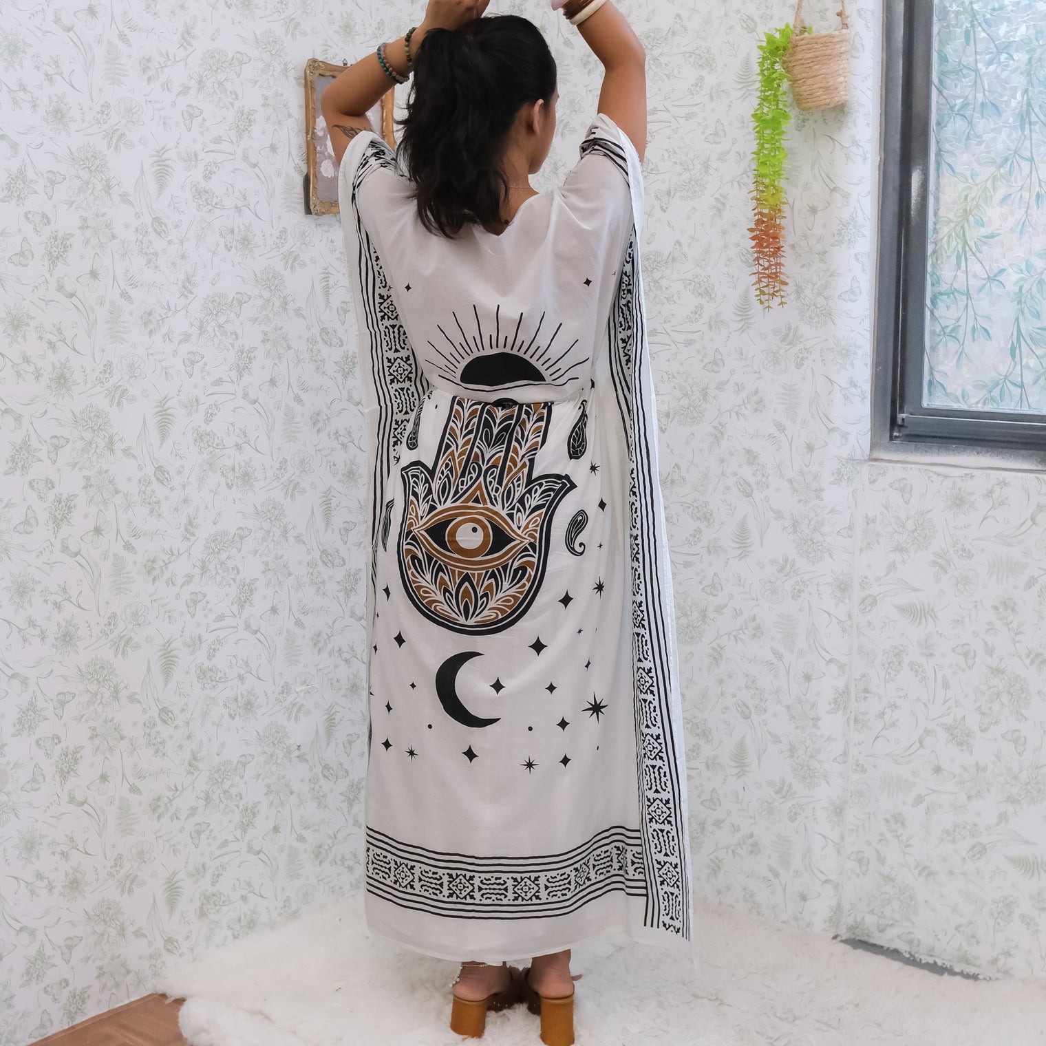 Celestial Sun & Moon Hamsa Kaftan Maxi Dress with Pockets