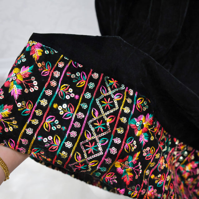 Boho Bloom Velvet Skirt Set with Hand Embroidery