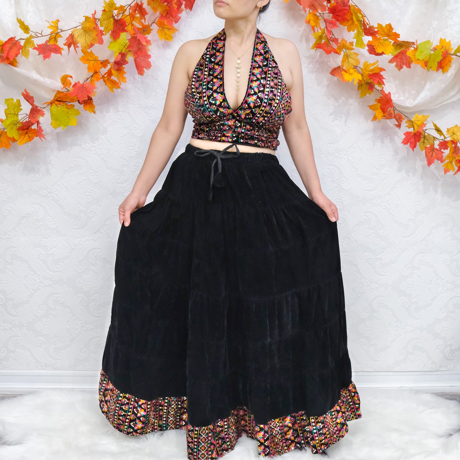 Boho Bloom Velvet Skirt Set with Hand Embroidery