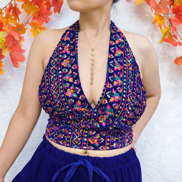 Hand Embroidery Velvet Halter Top