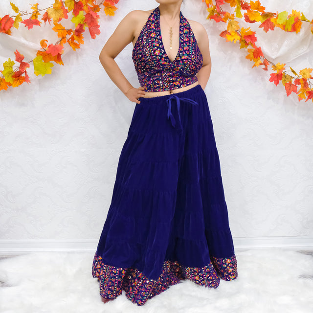 Boho Bloom Velvet Skirt Set with Hand Embroidery
