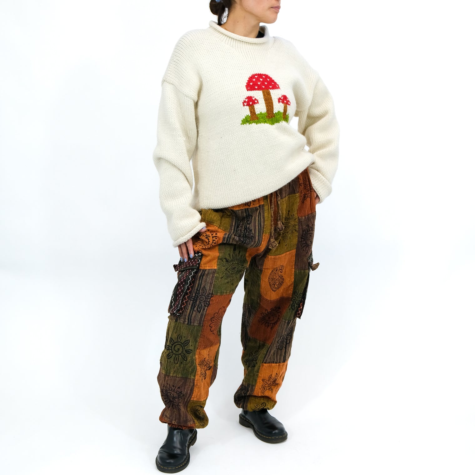 Stonewashed Cotton Patchwork Unisex Baggy Pants