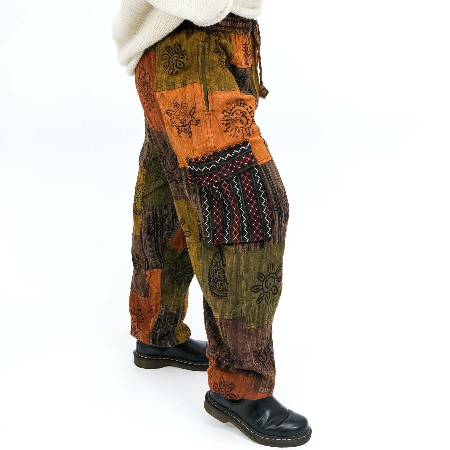 Stonewashed Cotton Patchwork Unisex Baggy Pants