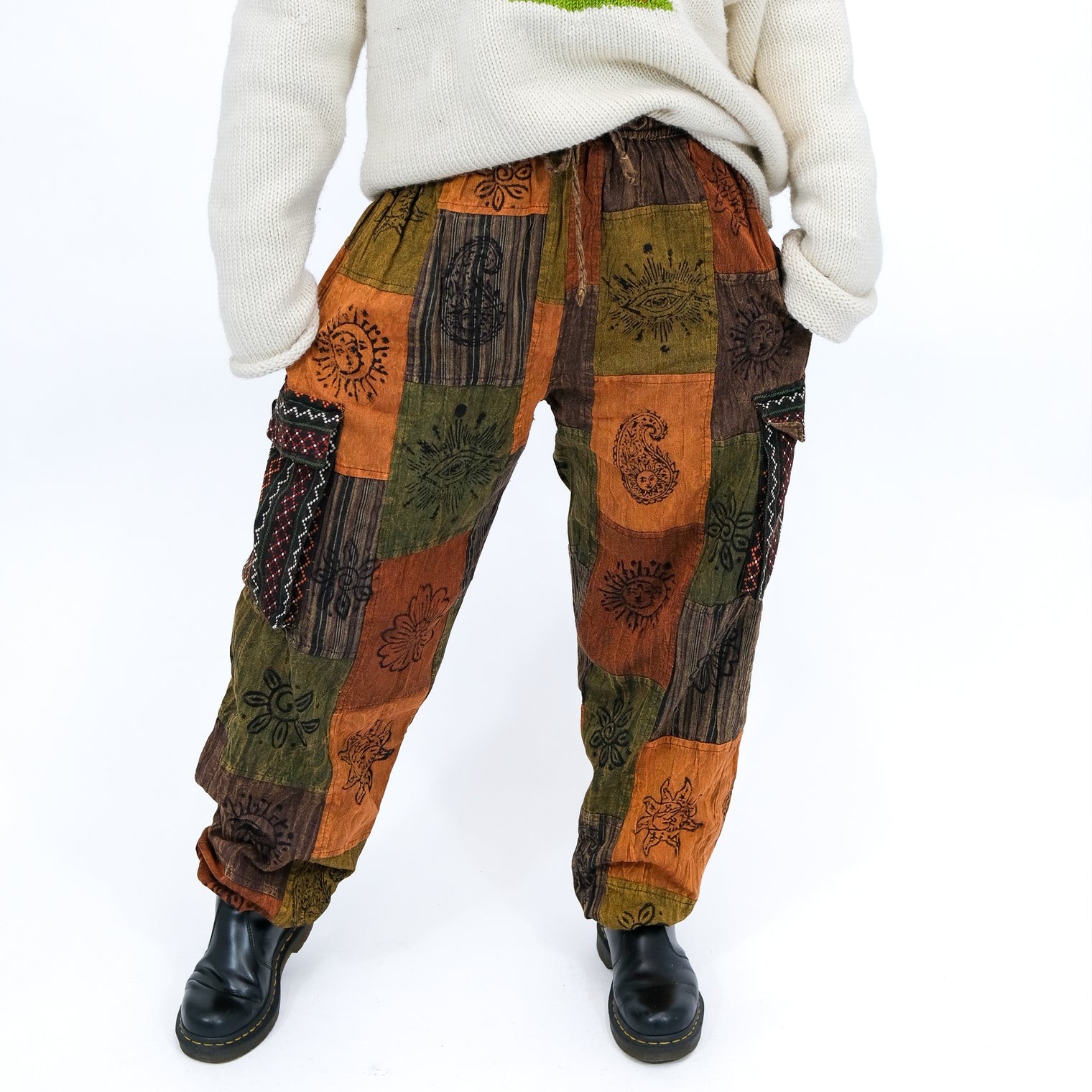 Stonewashed Cotton Patchwork Unisex Baggy Pants