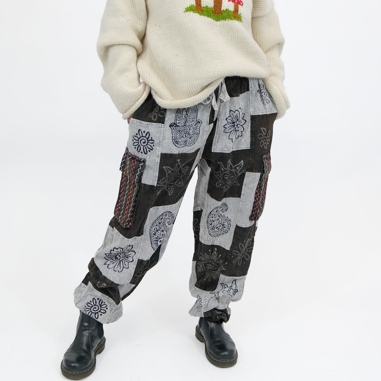 Stonewashed Cotton Patchwork Unisex Baggy Pants