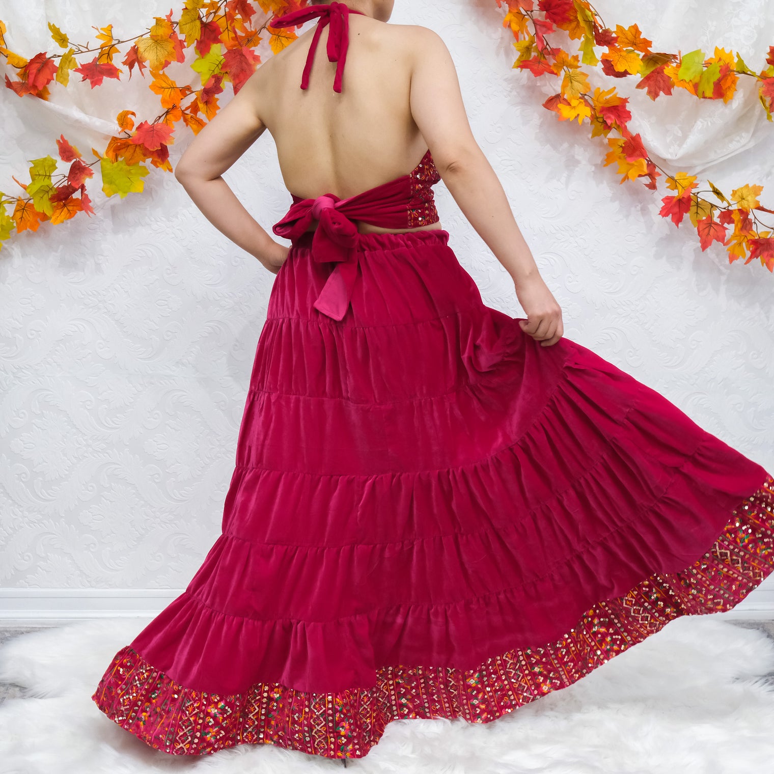 Boho Bloom Velvet Skirt Set with Hand Embroidery