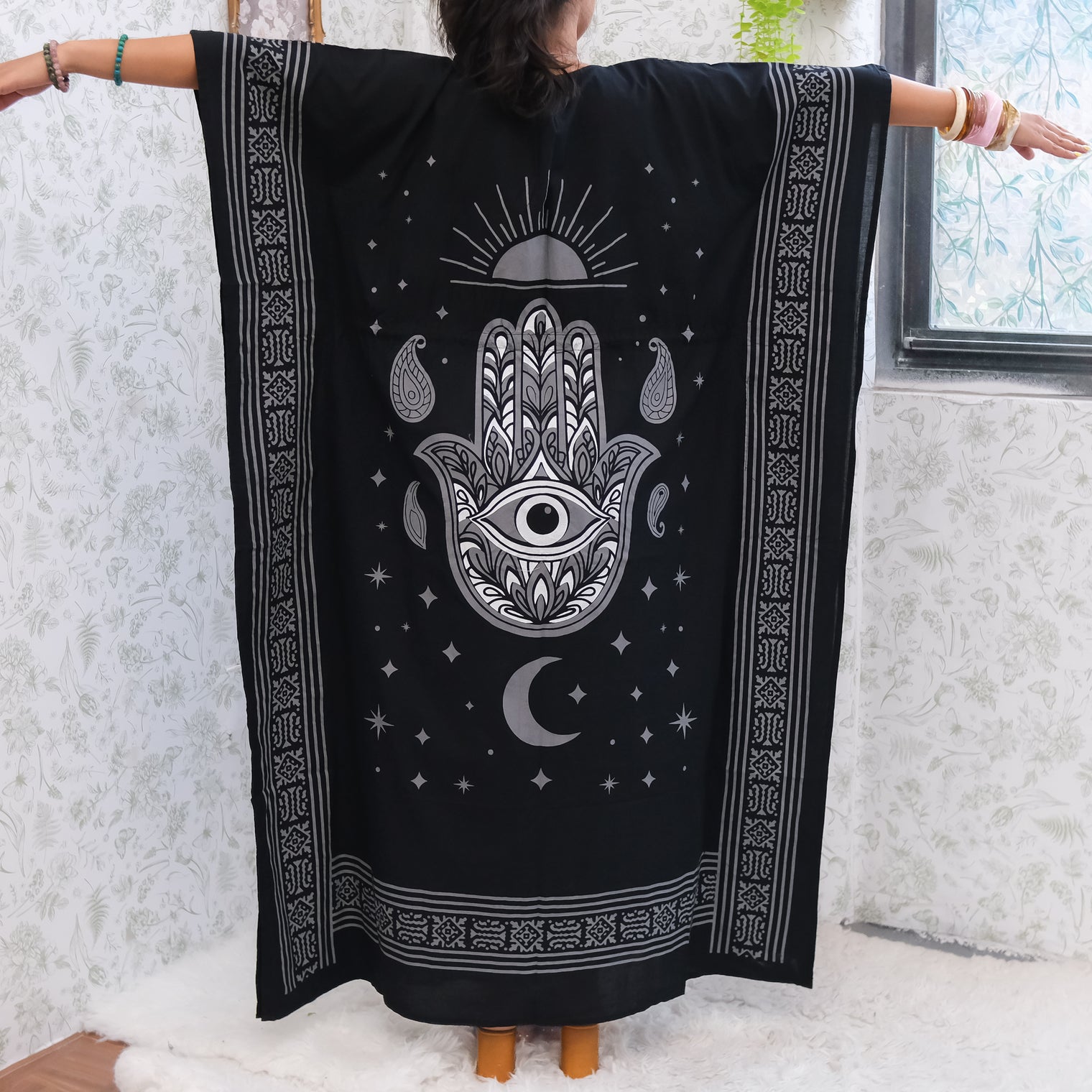 Celestial Sun & Moon Hamsa Kaftan Maxi Dress with Pockets