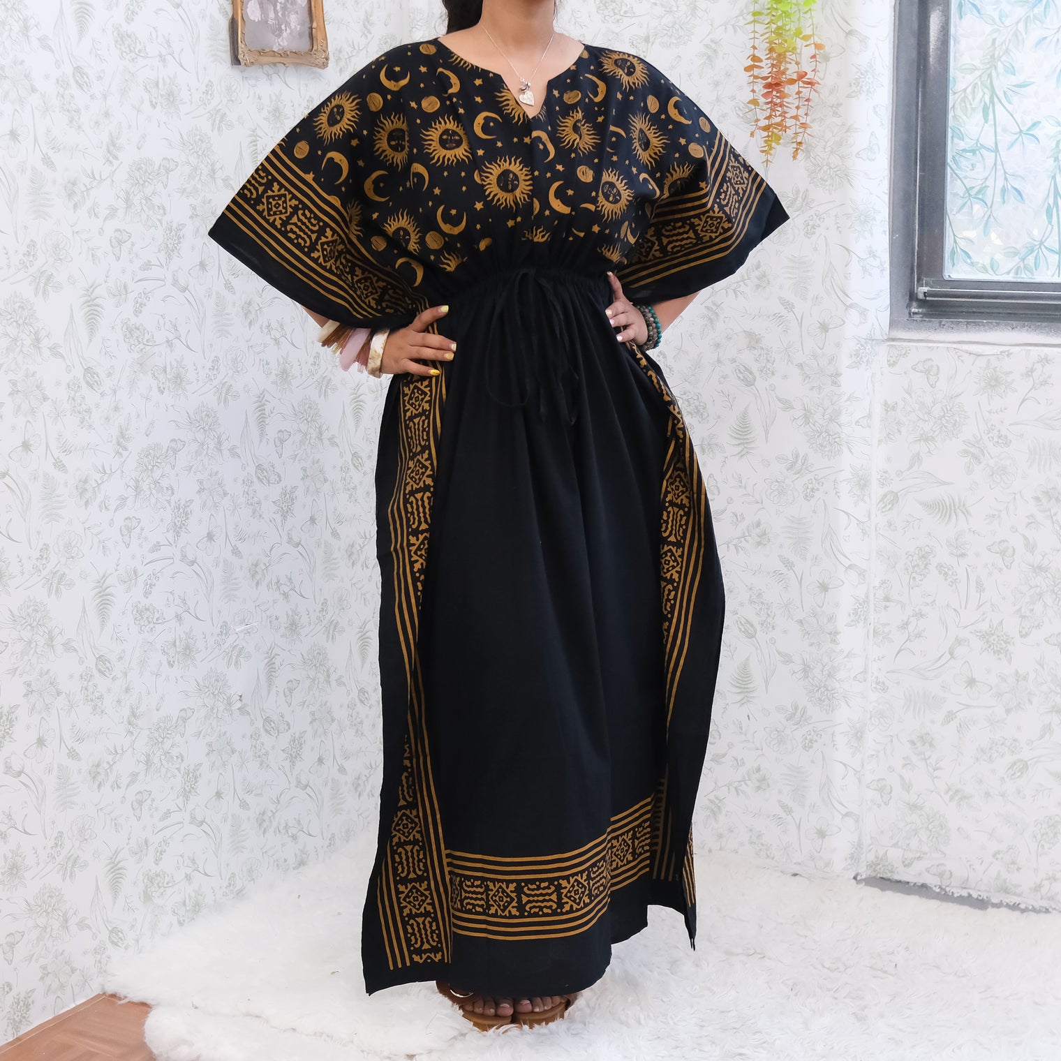 Celestial Sun & Moon Hamsa Kaftan Maxi Dress with Pockets