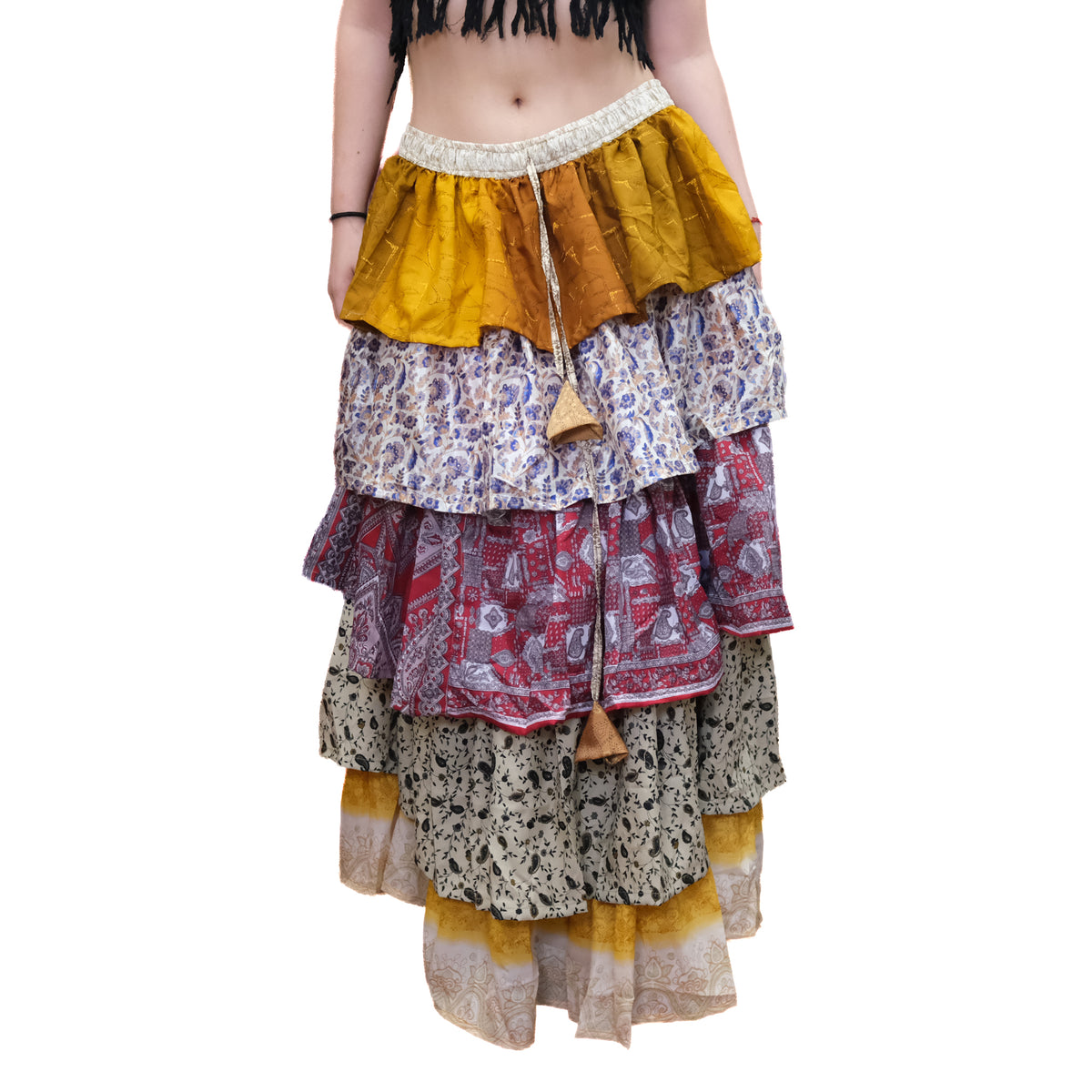 One-of-a-Kind Recycled Sari Tiered Maxi Skirt