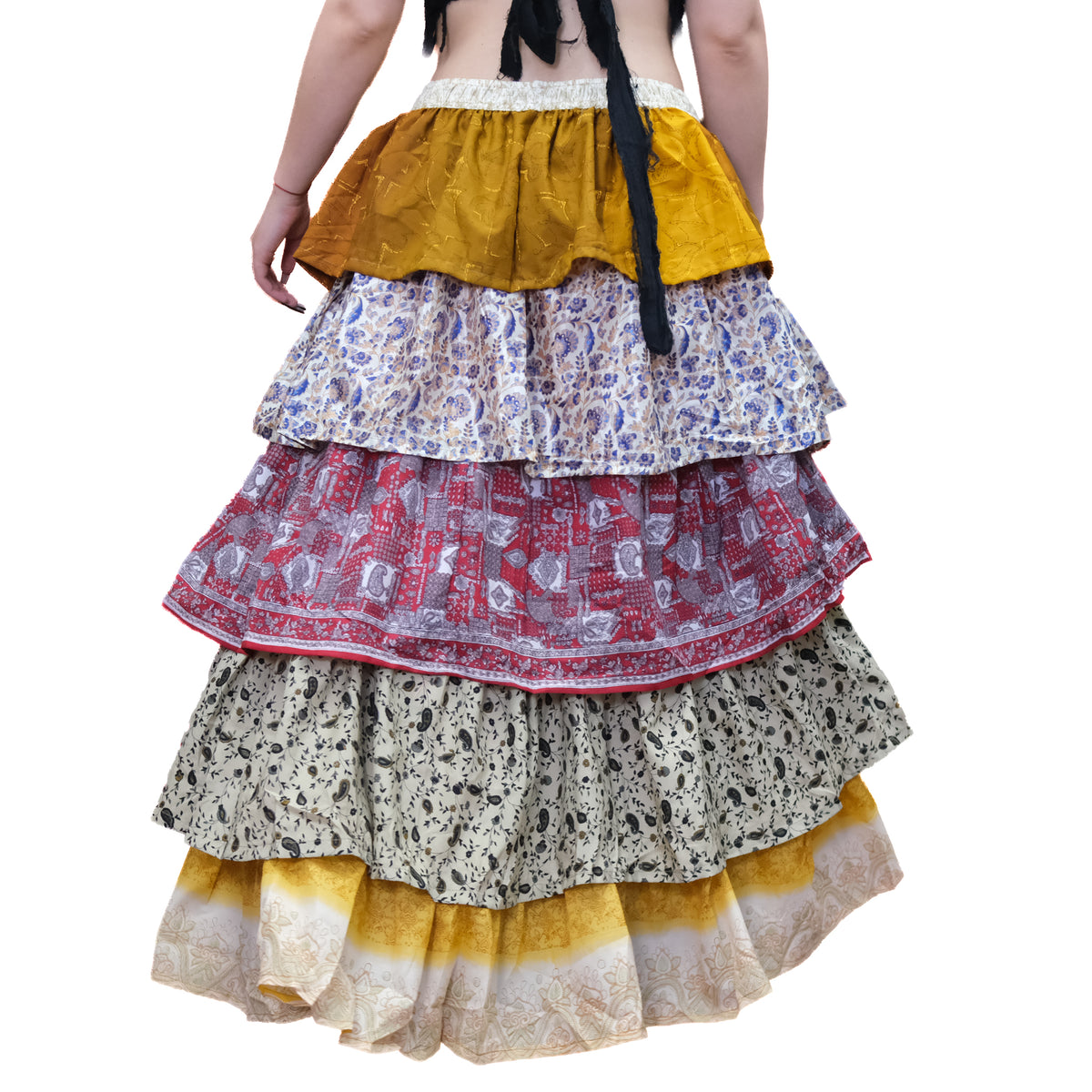 One-of-a-Kind Recycled Sari Tiered Maxi Skirt