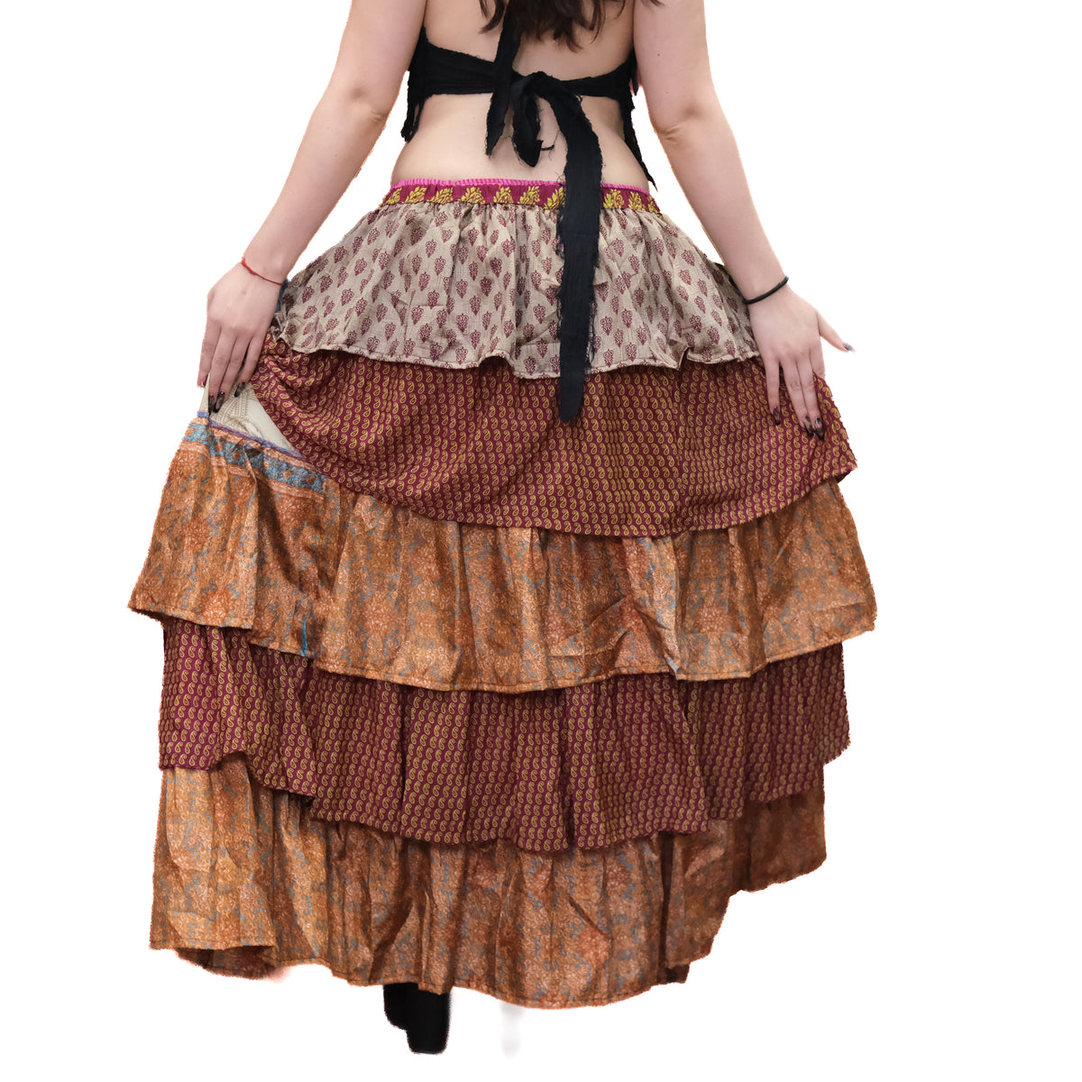 One-of-a-Kind Recycled Sari Tiered Maxi Skirt
